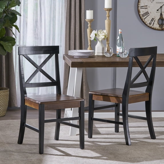 GDF Studio Earnest Farmhouse Acacia Wood Dining Chairs, Set of 2, Black and Walnut