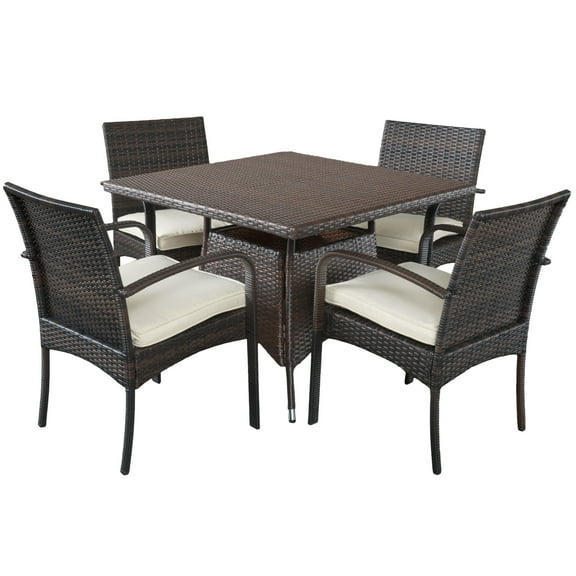 GDF Studio Eddison Outdoor Wicker 5 Piece Dining Set with Cushions, Multibrown and Cream