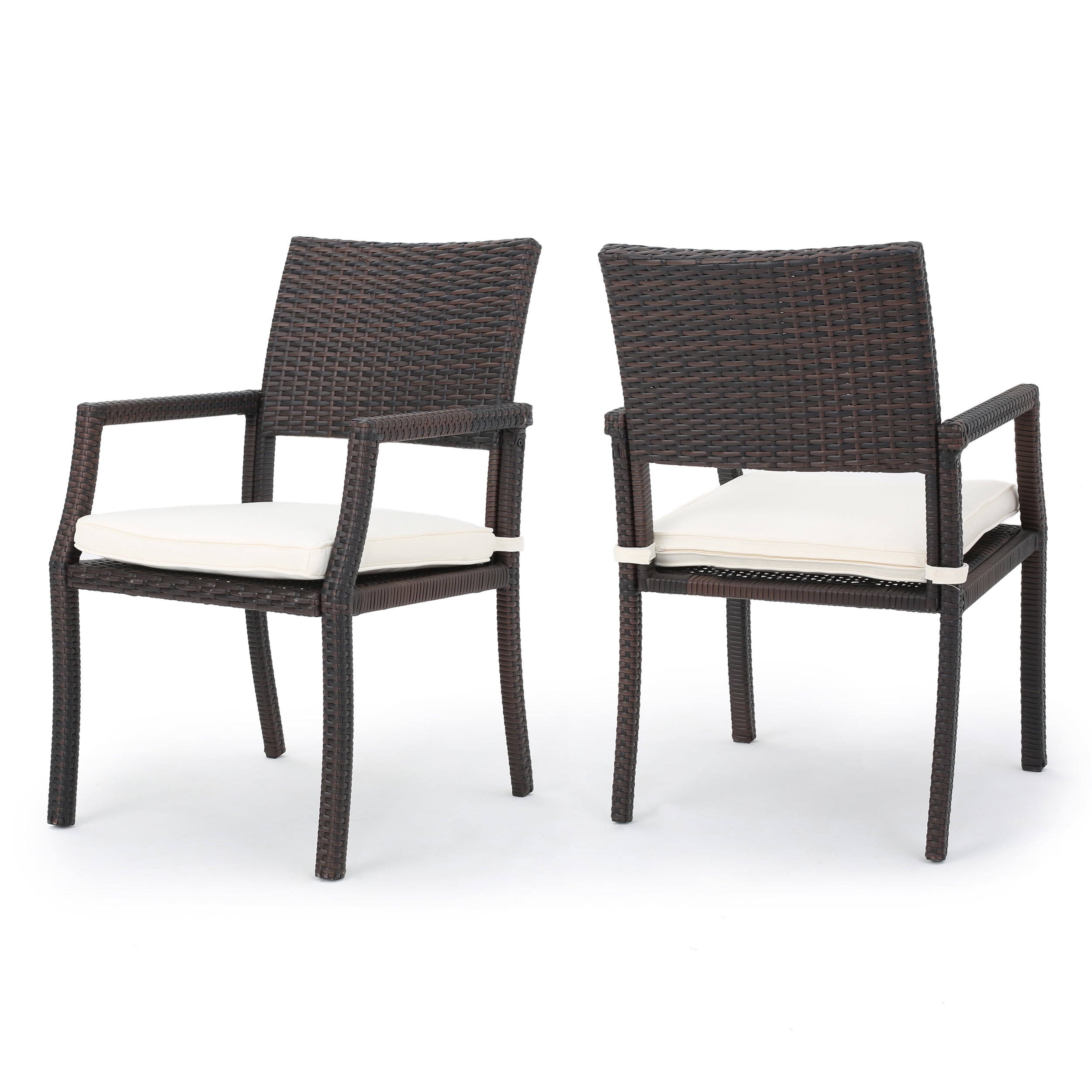 Set of 2 Brown Wicker Outdoor Dining Chairs with Cushions
