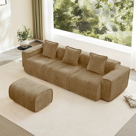 Noble House 3-Seat U-Shape Modular Sofa, Boneless Design with French Piping, Comes with Throw Pillows and One Ottomans, Brown