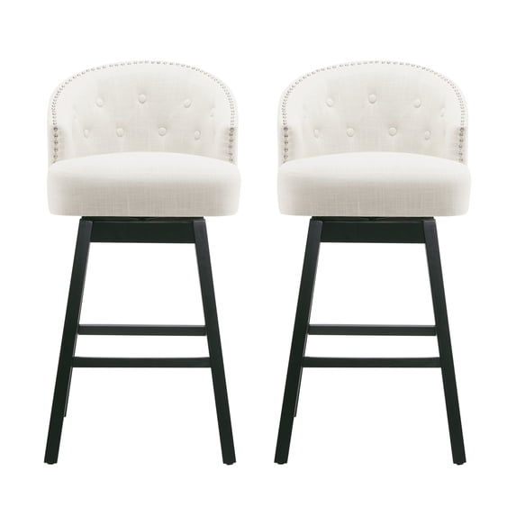 GDF Studio Elegant 360° Swivel Bar Stools with Button-Tufted Backrest & Solid Wood Frame, Set of 2, Black+Beige