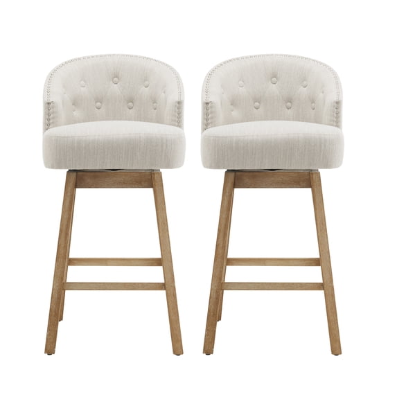 GDF Studio Elegant 360° Swivel Bar Stools with Button-Tufted Backrest & Solid Wood Frame, Set of 2, Natural+Beige
