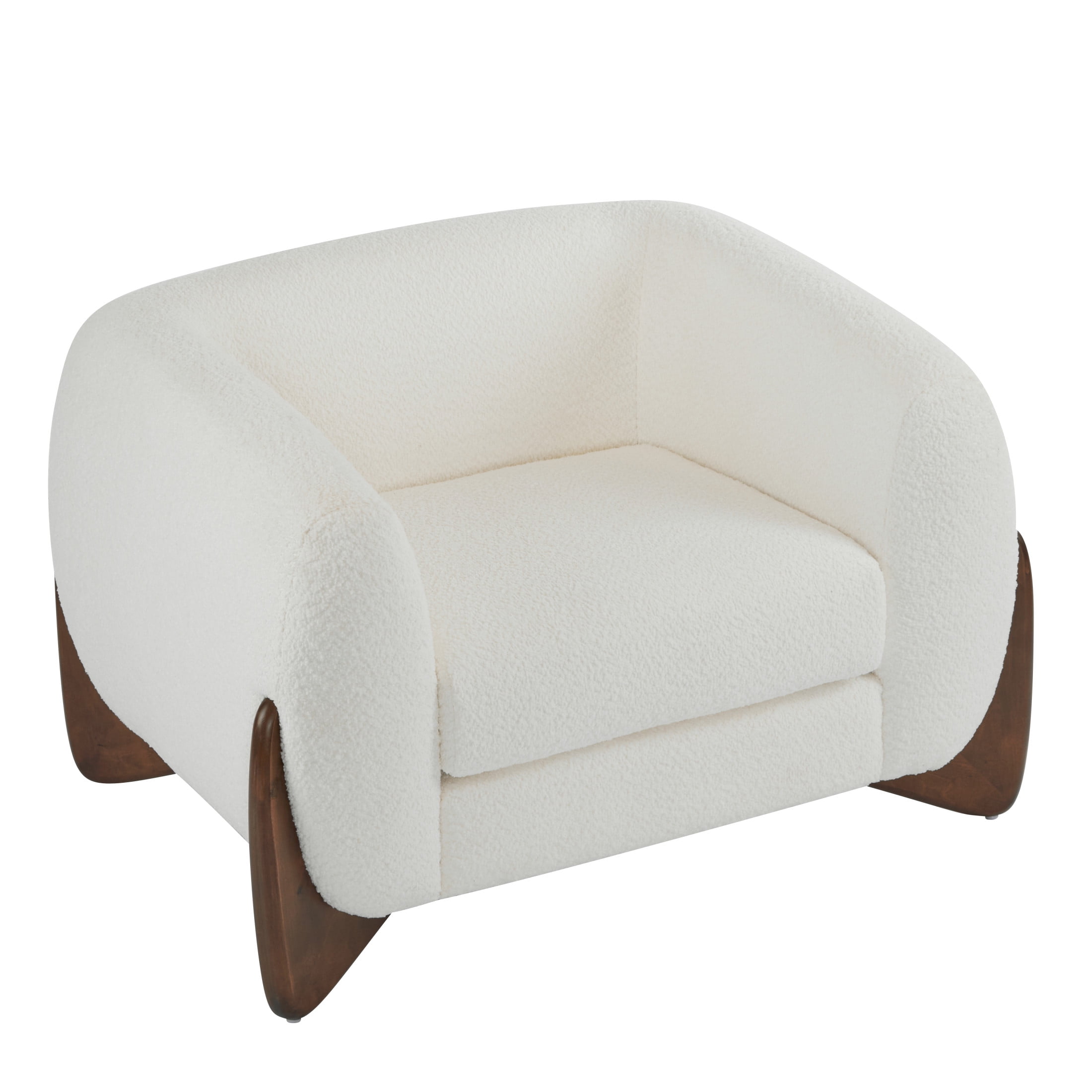 Modern White Boucle Upholstered Club Chair with Walnut Wood Legs