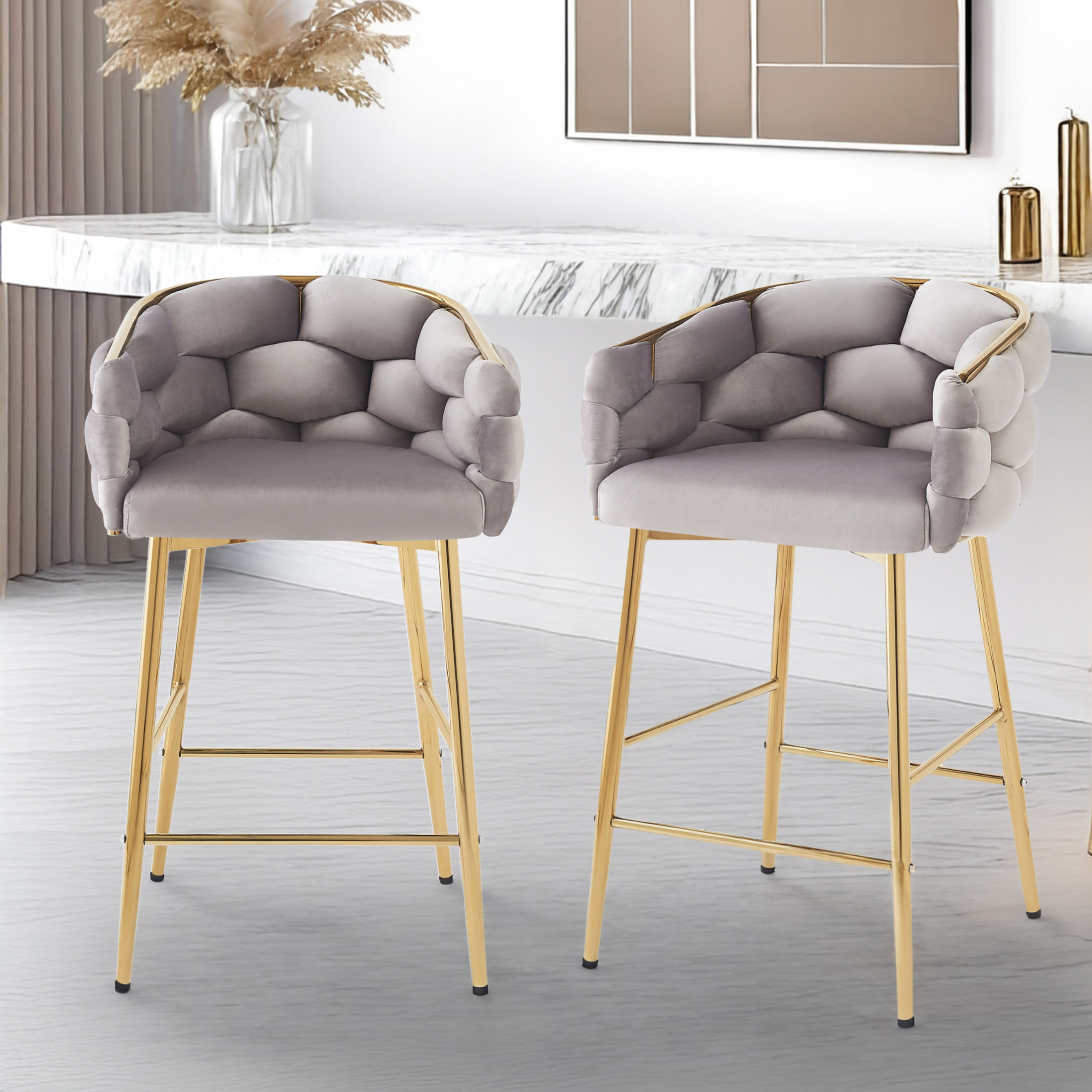 GDF Studio Elegant Grey Velvet Accent Chair with Metal Legs, Set of 2