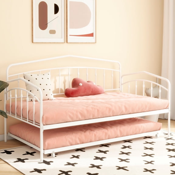 Twin Size Metal Frame Daybed with Twin Trundle, White