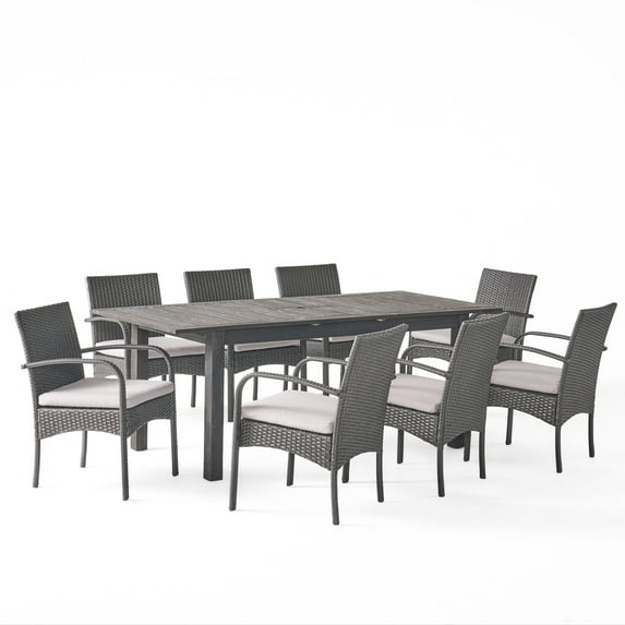 GDF Studio Elis Outdoor Wood and Wicker 9 Piece Expandable Dining Set, Dark Gray and Gray