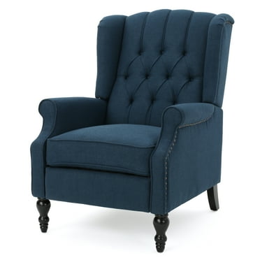 GDF Studio Elizabeth Contemporary Tufted Wingback Pushback Recliner, Navy Blue and Dark Brown, Fabric
