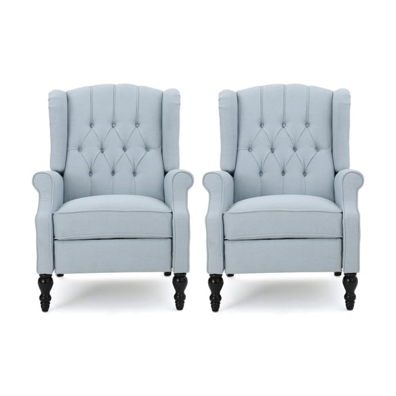 GDF Studio Elizabeth Contemporary Tufted Wingback Pushback Recliner, Set of 2, Light Sky Fabric and Dark Brown
