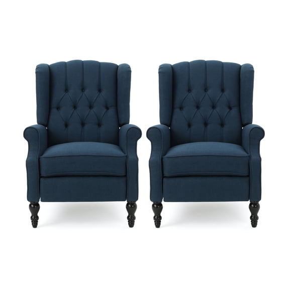 GDF Studio Elizabeth Contemporary Tufted Wingback Pushback Recliner, Set of 2, Navy Blue Fabric and Dark Brown