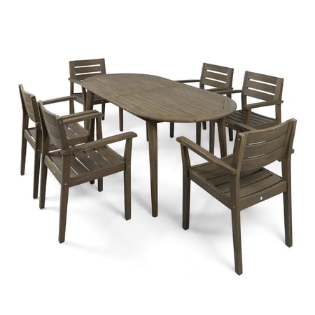 GDF Studio Elkins Outdoor Acacia Wood 7 Piece Dining Set, Gray