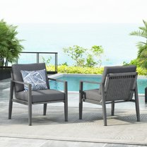 GDF Studio Elle Modern Aluminum Outdoor Patio Lounge Chair, Club Chair with Rope Accents, Cushions, Grey, Set of 2