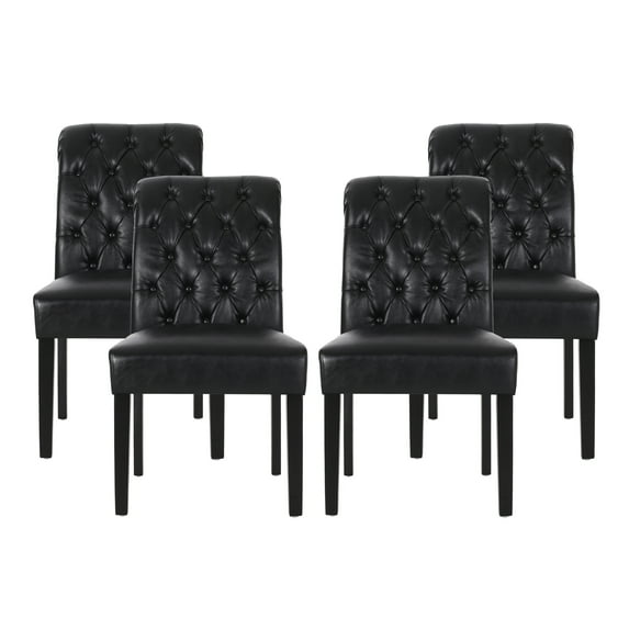 GDF Studio Emerson Contemporary Faux Leather Tufted Rolltop Dining Chairs, Set of 4, Midnight Black and Matte Black