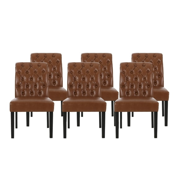 GDF Studio Emerson Contemporary Faux Leather Tufted Rolltop Dining Chairs, Set of 6, Cognac Brown and Matte Black