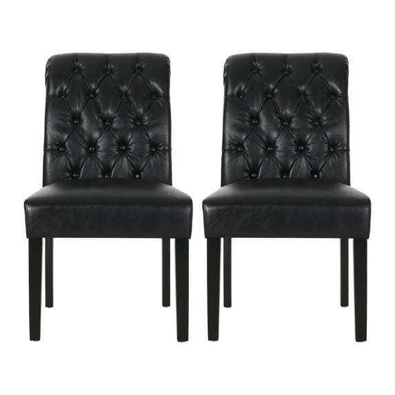 GDF Studio Emerson Contemporary Tufted Rolltop Dining Chairs, Set of 2, Midnight Black Faux Leather and Matte Black