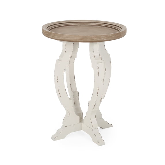 GDF Studio Emilya French Country Accent Table with Round Top, Natural and Distressed White