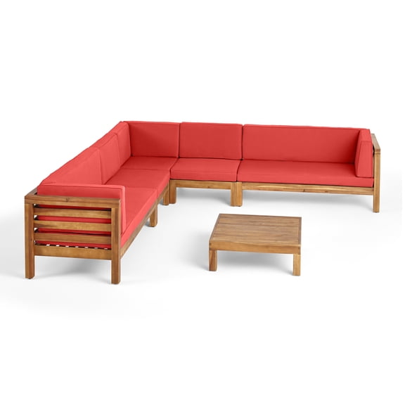 GDF Studio Emma Outdoor 7 Seater Acacia Wood Sectional Sofa Set, Teak Finish and Red