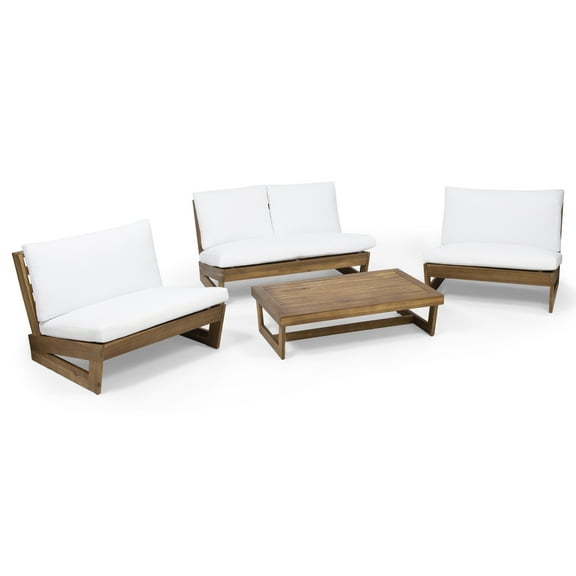 GDF Studio Emma Outdoor Acacia Wood 4-Seater Chat Set with Optional Sunbrella Cushions, Teak, White