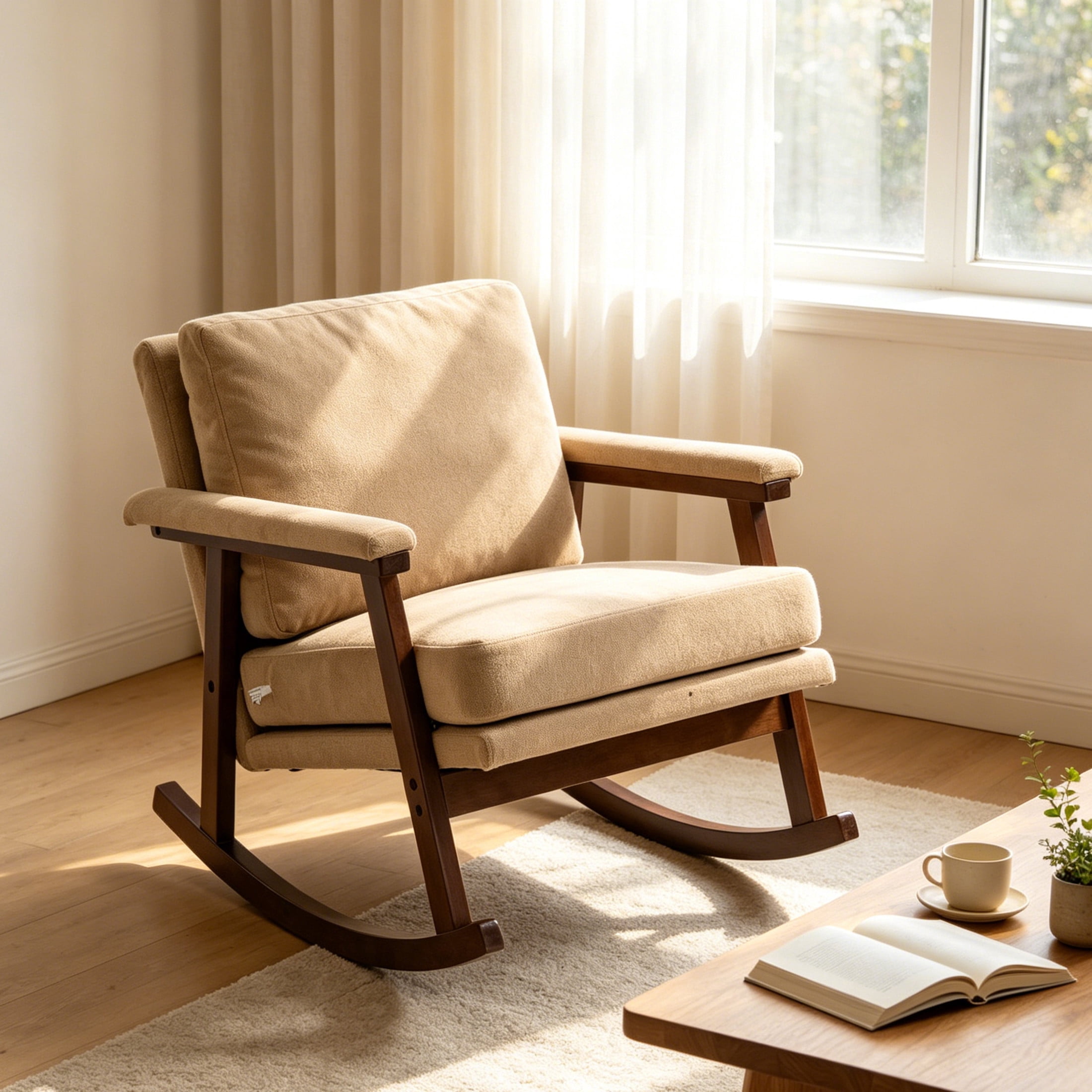 GDF Studio Enisa Mid-Century Modern Solid Wood Rocking Accent Chair, Reading Armchair for Bedroom, Living Room, Khaki