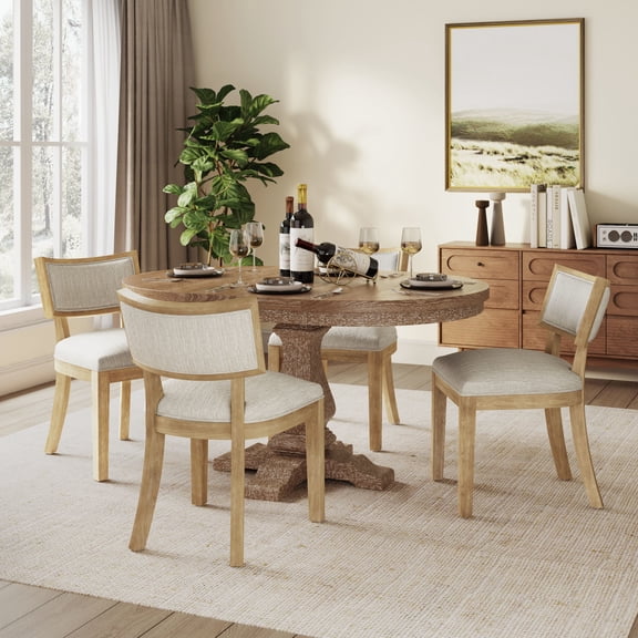 GDF Studio Eustace Farmhouse 5-Piece Dining Set, 40" Round Table with Solid Wood Frame and Upholstered Chairs, Beige+Tan
