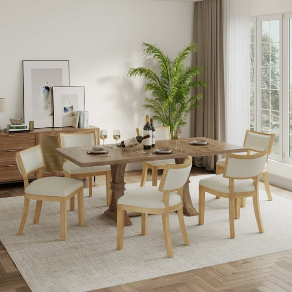GDF Studio Eustace Farmhouse 7-Piece Dining Set, 63" Rectangle Table with Solid Wood Frame and Upholstered Chairs, Beige+Natural