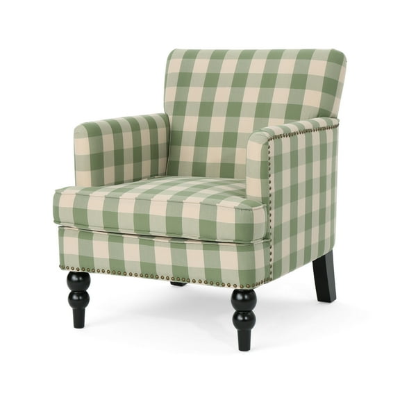 GDF Studio Eve Contemporary Fabric Upholstered Club Chair with Nailhead Trim, Green Checkerboard