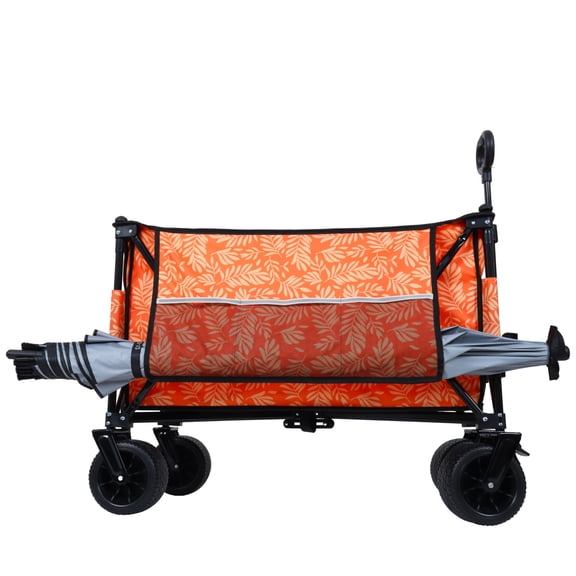 GDF Studio Extended Heavy-Duty Folding Wagon, Large Capacity Utility Garden Cart with All-Terrain Wheels, Orange