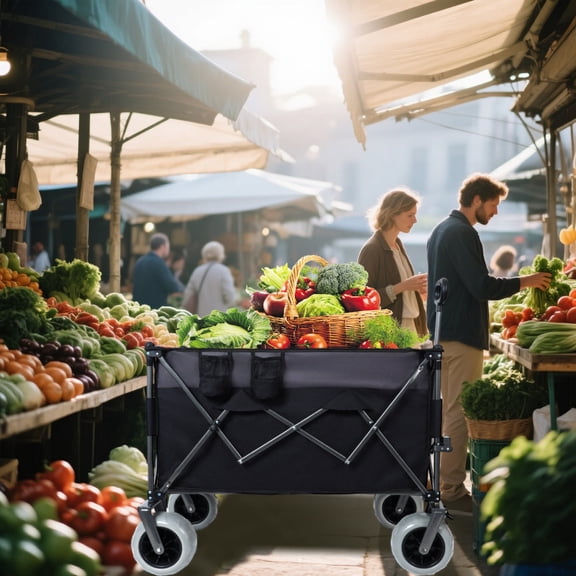 GDF Studio Extra Large Folding Wagon, Heavy-Duty Capacity with All-Terrain Balloon Wheels and Brakes, Black & Gray