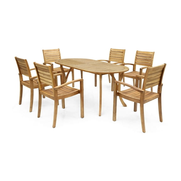 GDF Studio Fairgreen Outdoor Acacia Wood 7 Piece Dining Set, Teak