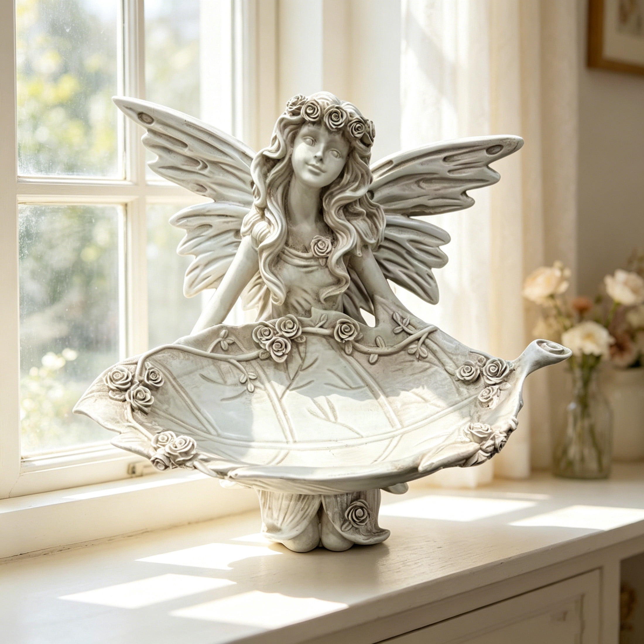 GDF Studio Fairy Angel Garden Statue with Leaf Tray, Vintage Off-White Resin Sculpture Figurine, Outdoor Yard Lawn Decor
