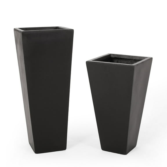 GDF Studio Fardeen Outdoor Modern Cast Stone Large and Small Planters, Set of 2, Black