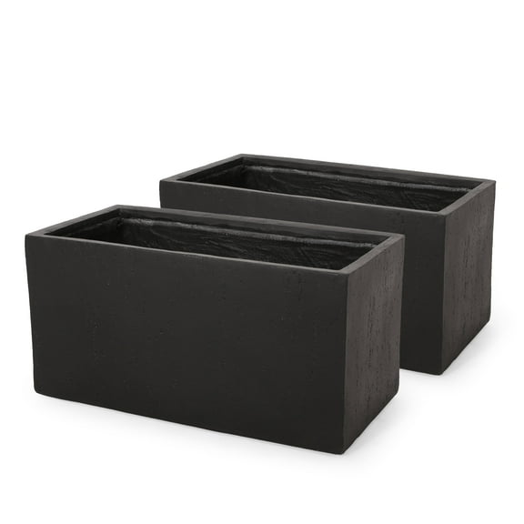 GDF Studio Fardeen Outdoor Modern Cast Stone Rectangular Planters, Set of 2, Black Large