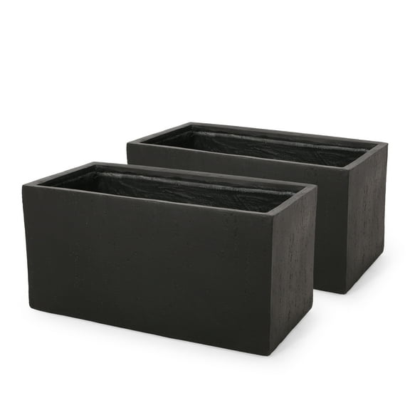 GDF Studio Fardeen Outdoor Modern Cast Stone Rectangular Planters, Set of 2, Black Medium