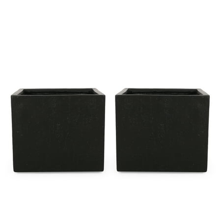 GDF Studio Fardeen Outdoor Modern Cast Stone Square Planters, Set of 2, Black Large
