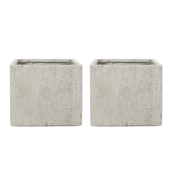 GDF Studio Fardeen Outdoor Modern Cast Stone Square Planters, Set of 2, White Large