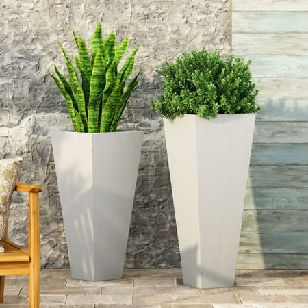 GDF Studio Fardeen Outdoor Modern Large and Medium Cast Stone Planter Set, White