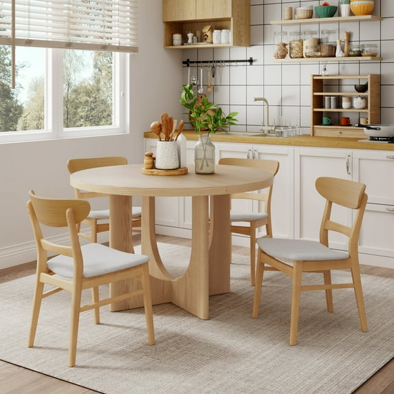 GDF Studio Farmhouse 5-Piece Dining Set, 48" Round Table with 4 Upholstered Chairs, Solid Wood Frame, Light Beige+Light Ash