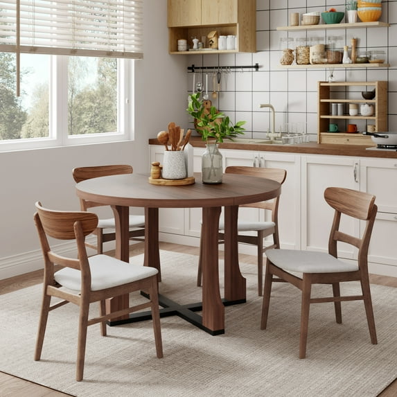 GDF Studio Farmhouse 5-Piece Dining Set, 48" Round Table with 4 Upholstered Chairs, Solid Wood Frame, Light Beige+Walnut
