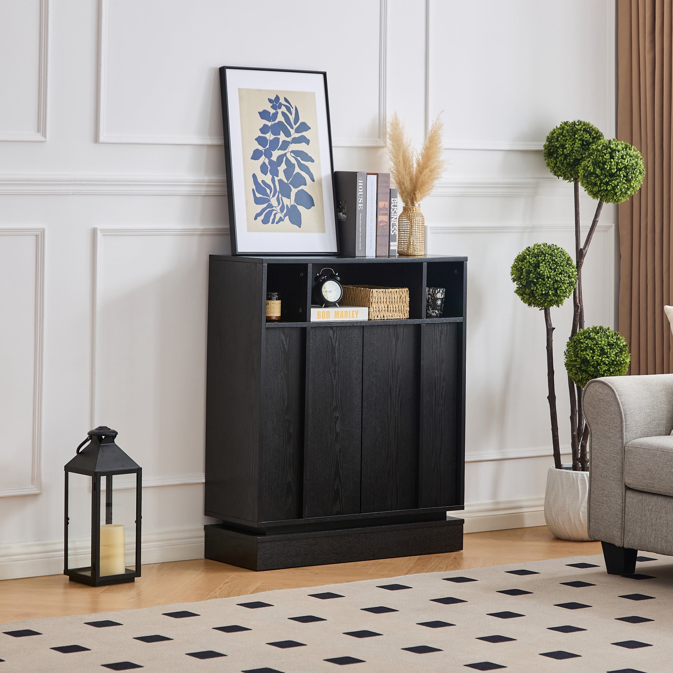 GDF Studio Farmhouse Fluted Sideboard Buffet Cabinet with 2 Doors, Adjustable Shelf, Black