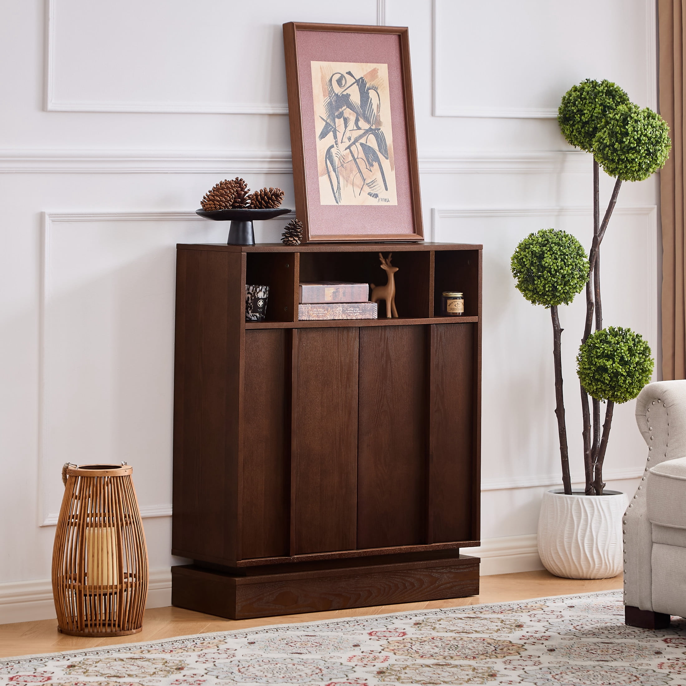 GDF Studio Farmhouse Fluted Sideboard Buffet Cabinet with 2 Doors, Adjustable Shelf, Walnut