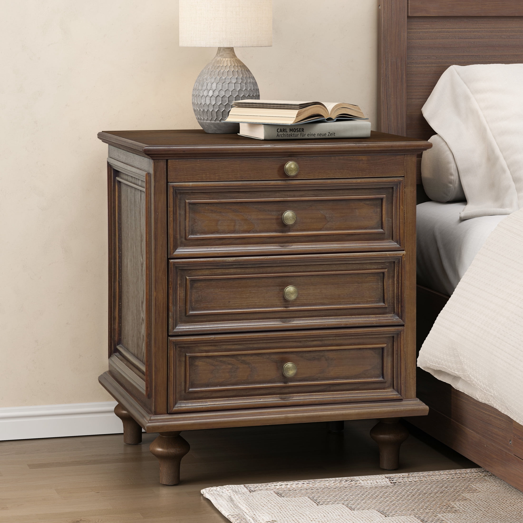 GDF Studio Farmhouse Nightstand with 3 Drawers & Pull-Out Tray, Solid Wood Legs, Walnut Brown