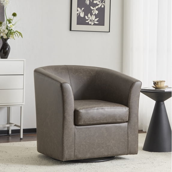 GDF Studio Faux Leather Swivel Barrel Chair, 360-Degree Rotation, Iron Frame Club Chair with Tub Design, Dark Brown