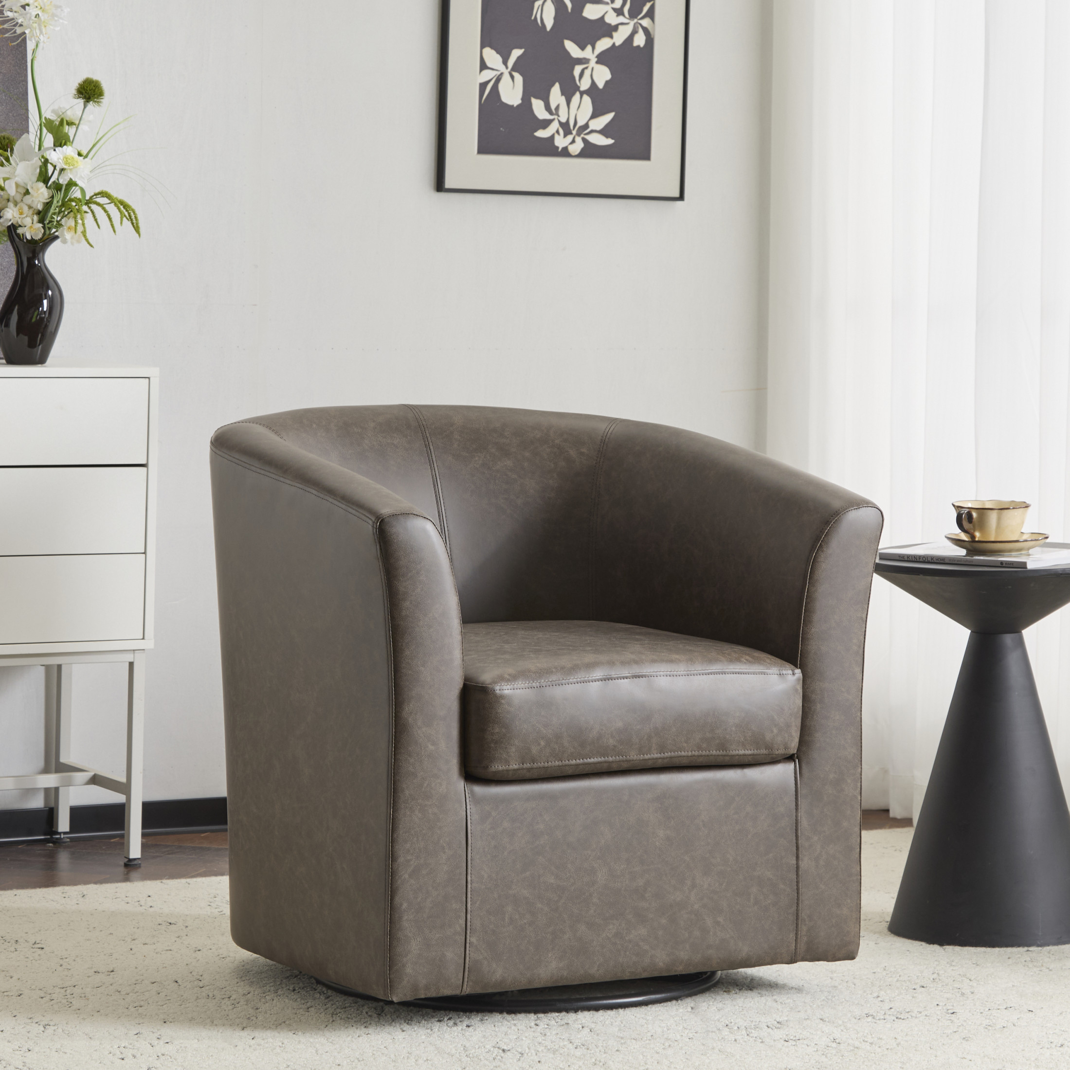 GDF Studio Faux Leather Swivel Barrel Chair, 360-Degree Rotation, Iron Frame Club Chair with Tub Design, Dark Brown