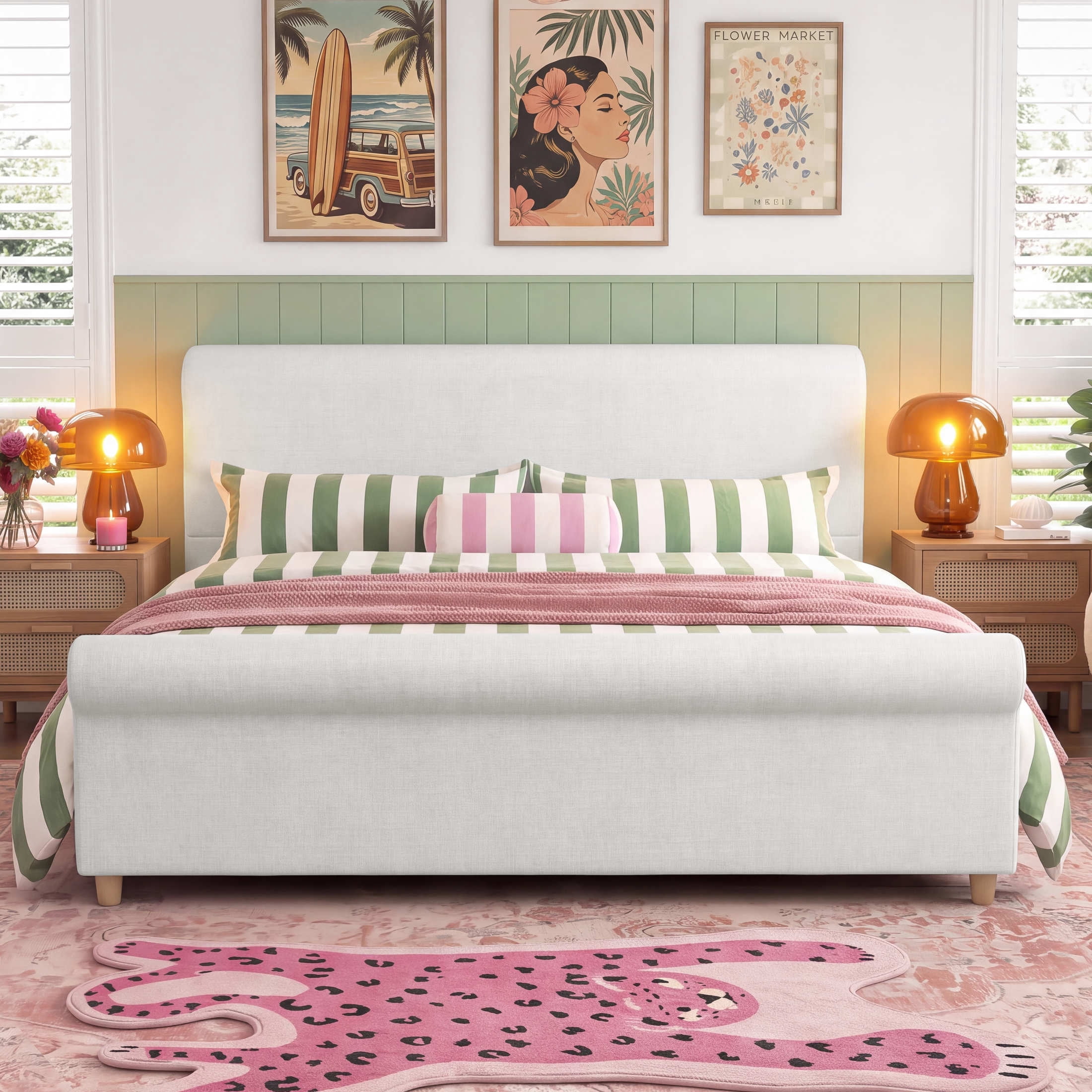 GDF Studio Flora King Size Upholstered Sleigh Bed Frame with High Headboard, Solid Wood Legs & Slats Support, Beige