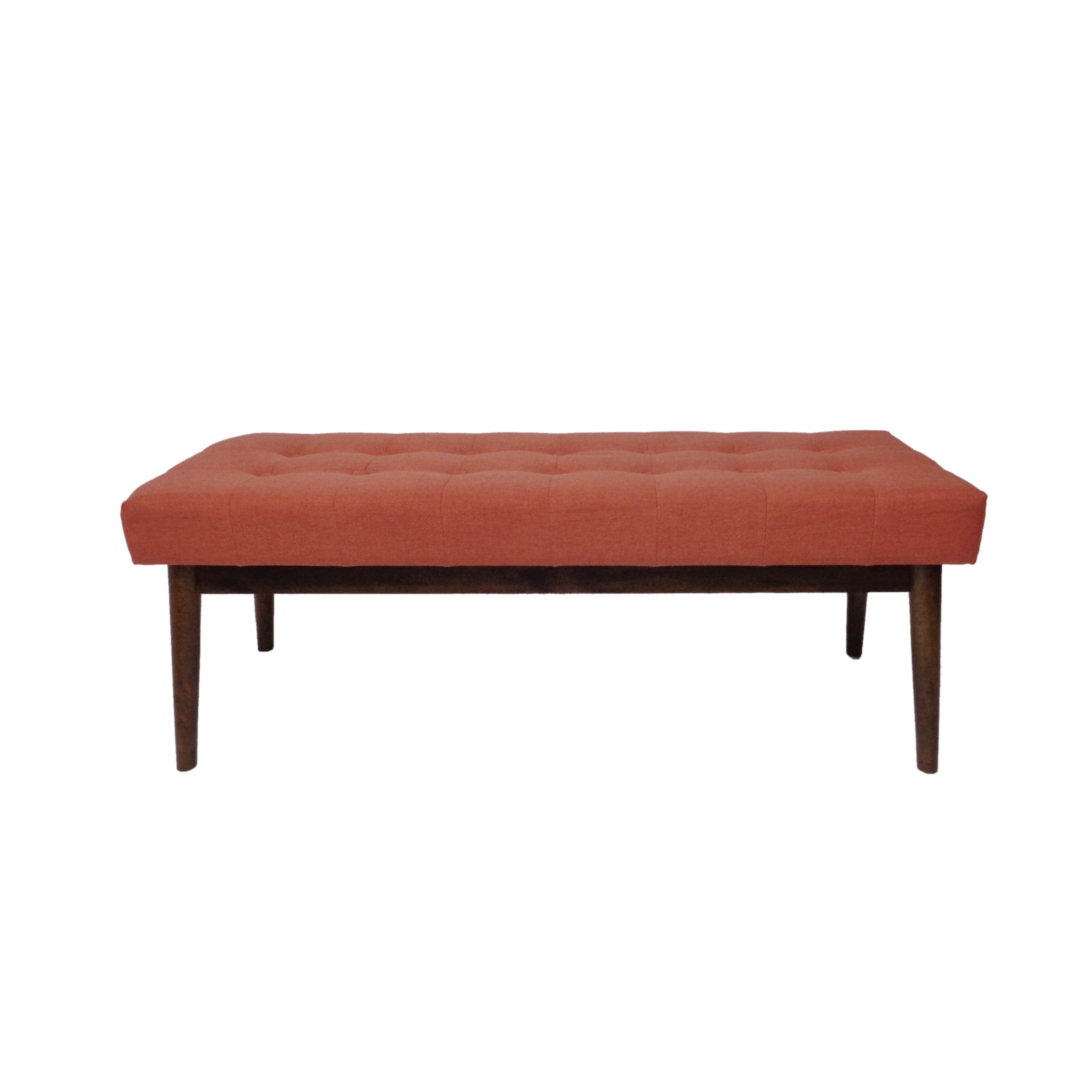 Mid-Century Coral Tufted Fabric Ottoman with Walnut Frame