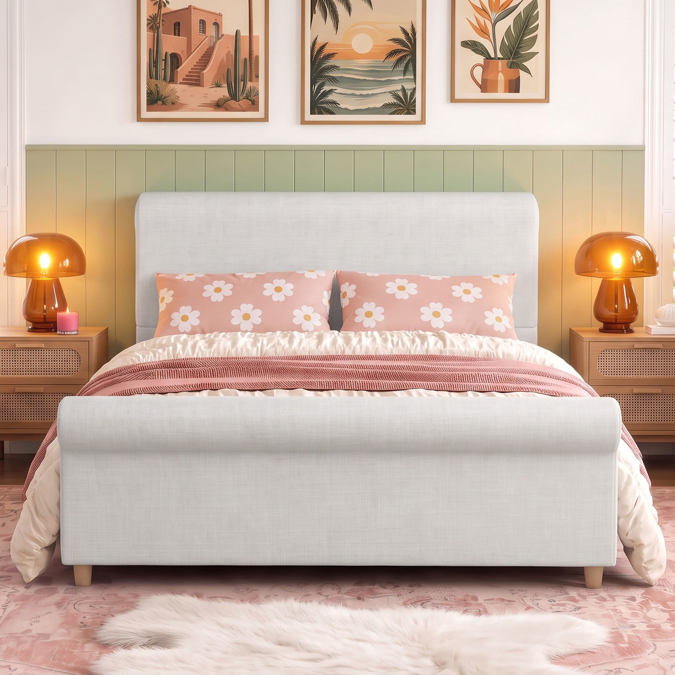 GDF Studio Flora Queen Size Upholstered Sleigh Bed Frame with High Headboard, Solid Wood Legs & Slats Support, Beige