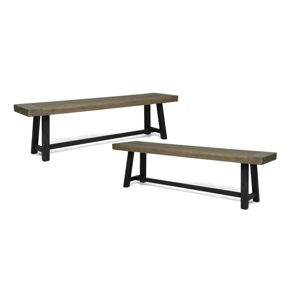 GDF Studio Foster Outdoor Acacia Wood Bench, Sandblasted Gray, Black, Set of 2
