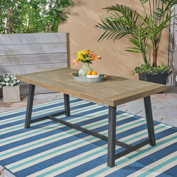 GDF Studio Foster Outdoor Acacia Wood Rectangular Dining Table Sandblasted Teak and Black, 6 Person