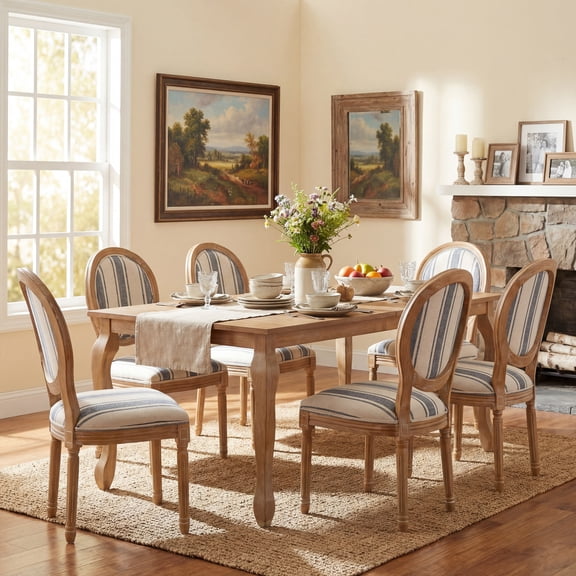Christopher Knight Home 7-Piece French Country Extendable Dining Table with Upholstered Chairs, Natural+Blue Line