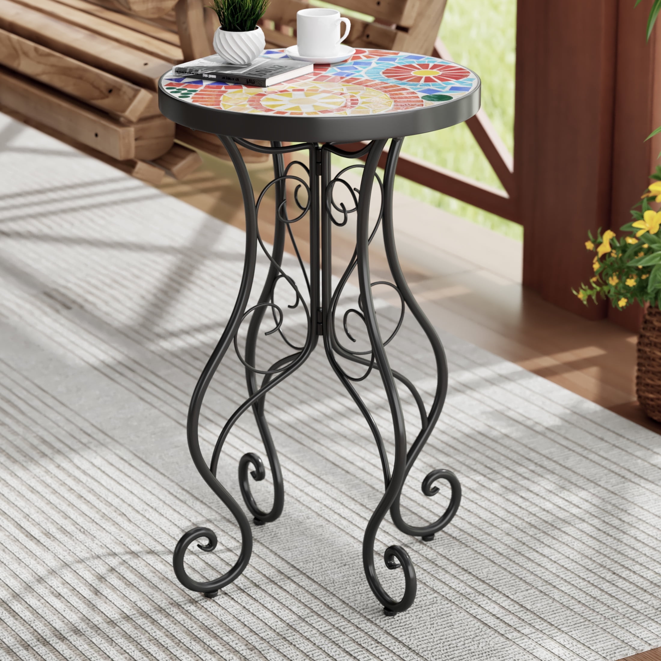 Colorful Ceramic Tile Floral Design Outdoor Accent Table with Black Iron Frame
