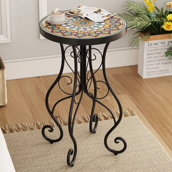 GDF Studio French Country Outdoor Side Table with Mosaic Ceramic Top and Metal Base, Mandala
